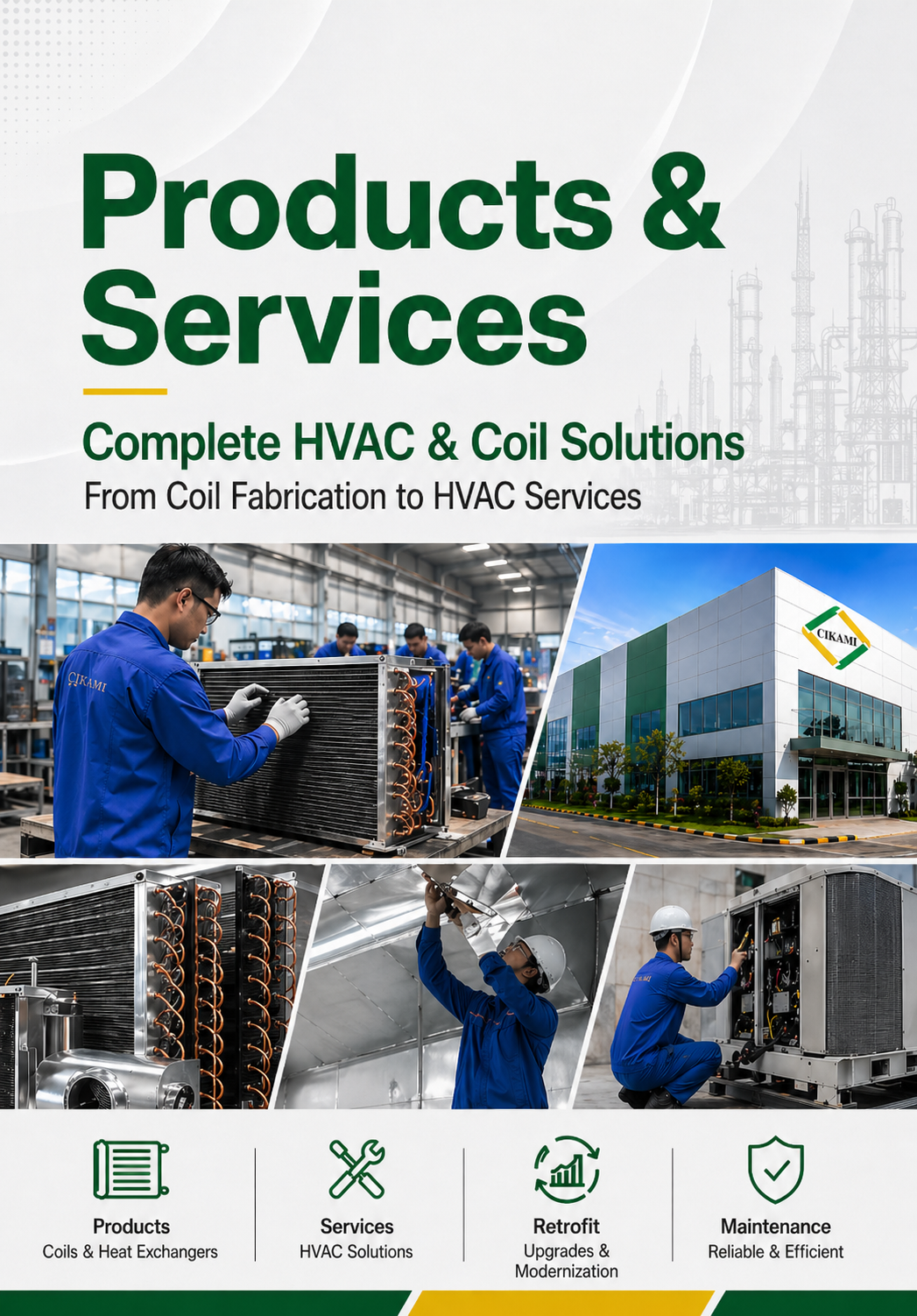 Headline Products and Services CIKAMI yang menampilkan solusi lengkap coil fabrication, HVAC services, retrofit, dan maintenance