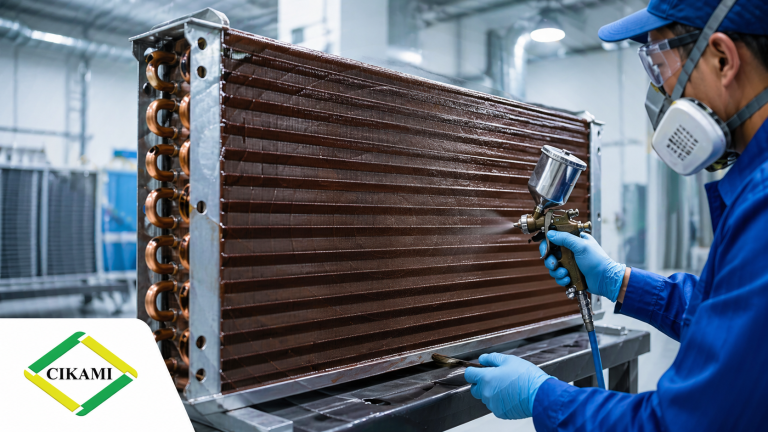 Proses aplikasi anti-corrosion coating pada coil HVAC untuk melindungi finned tube coil dari korosi dan memperpanjang umur pakai