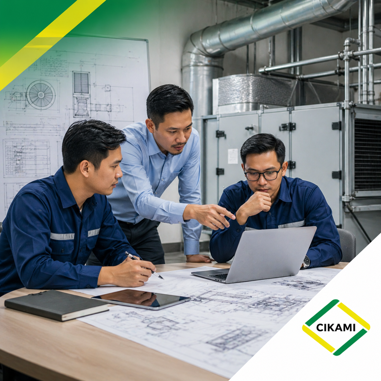 Tim engineer HVAC sedang berdiskusi teknis dan menganalisis masalah sistem HVAC menggunakan laptop dan gambar kerja