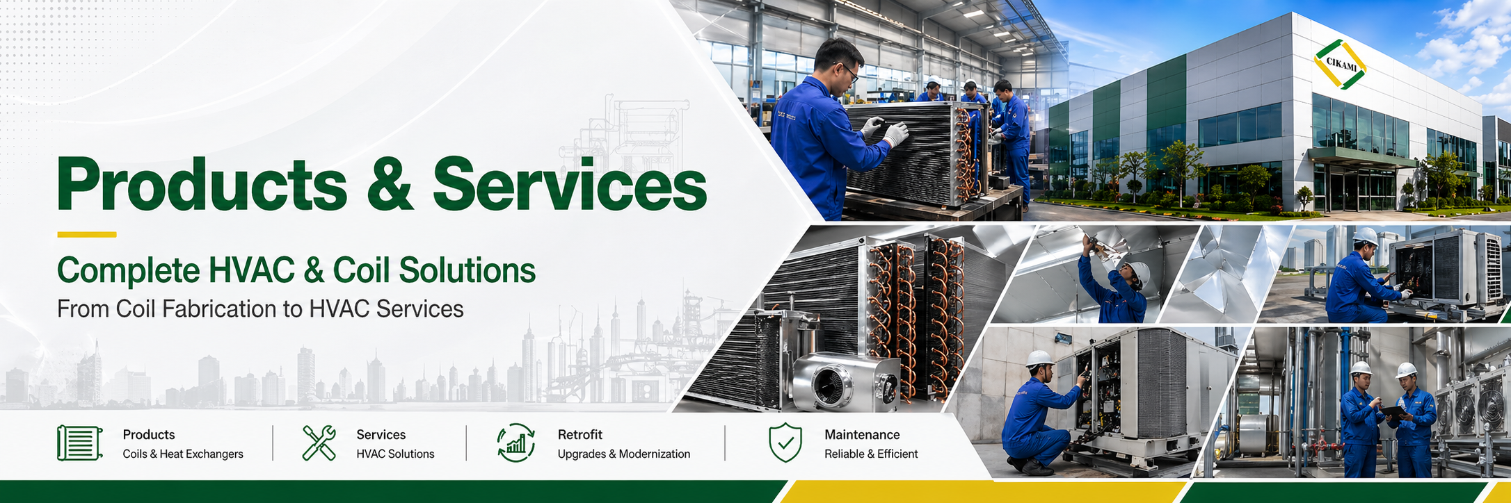 Headline Products and Services CIKAMI yang menampilkan solusi lengkap coil fabrication, HVAC services, retrofit, dan maintenance