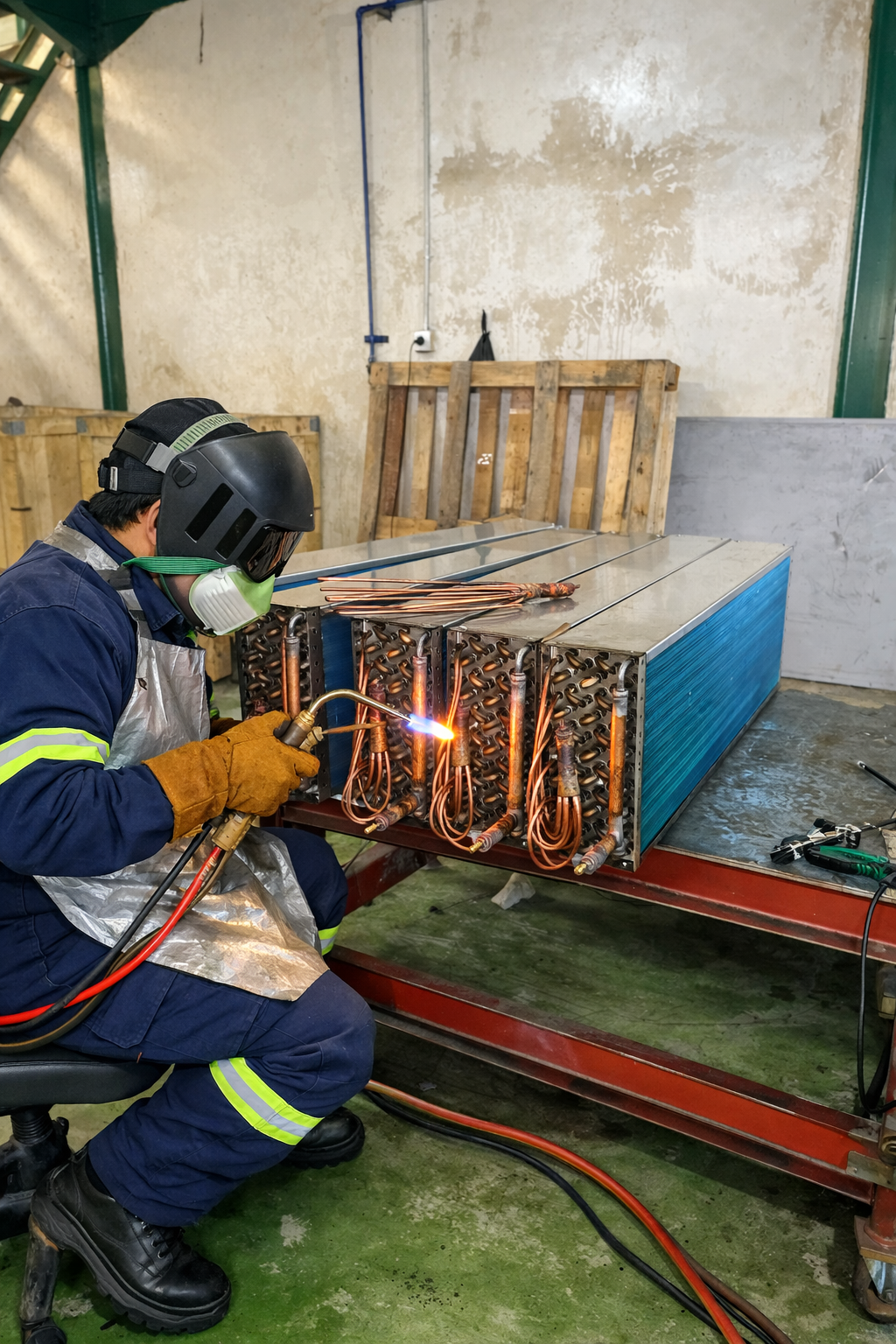 proses brazing header coil hvac di workshop cikami