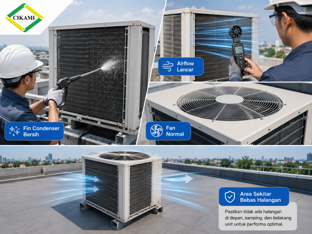 pemeriksaan condenser outdoor hvac oleh teknisi maintenance