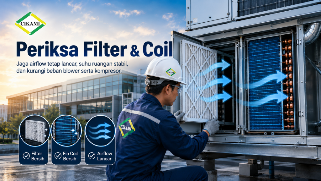 pemeriksaan filter dan coil hvac gedung saat transisi musim