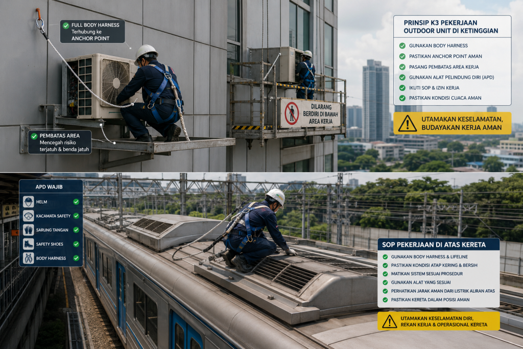 safety teknisi hvac saat maintenance outdoor unit di rooftop