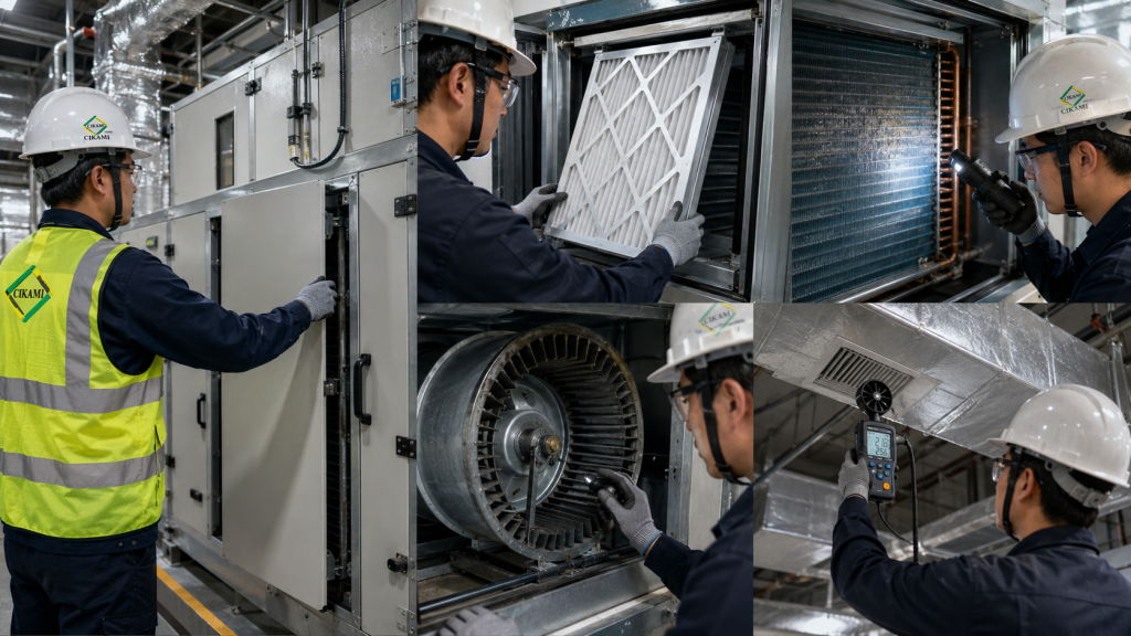 pemeriksaan AHU FCU coil dan airflow pada sistem HVAC