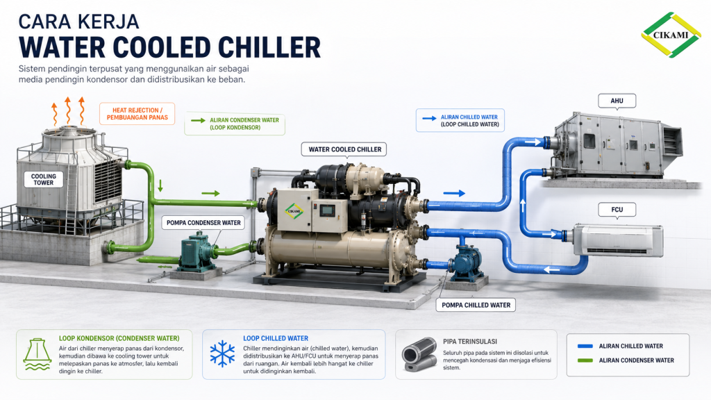 cara kerja water cooled chiller dengan cooling tower dan condenser water