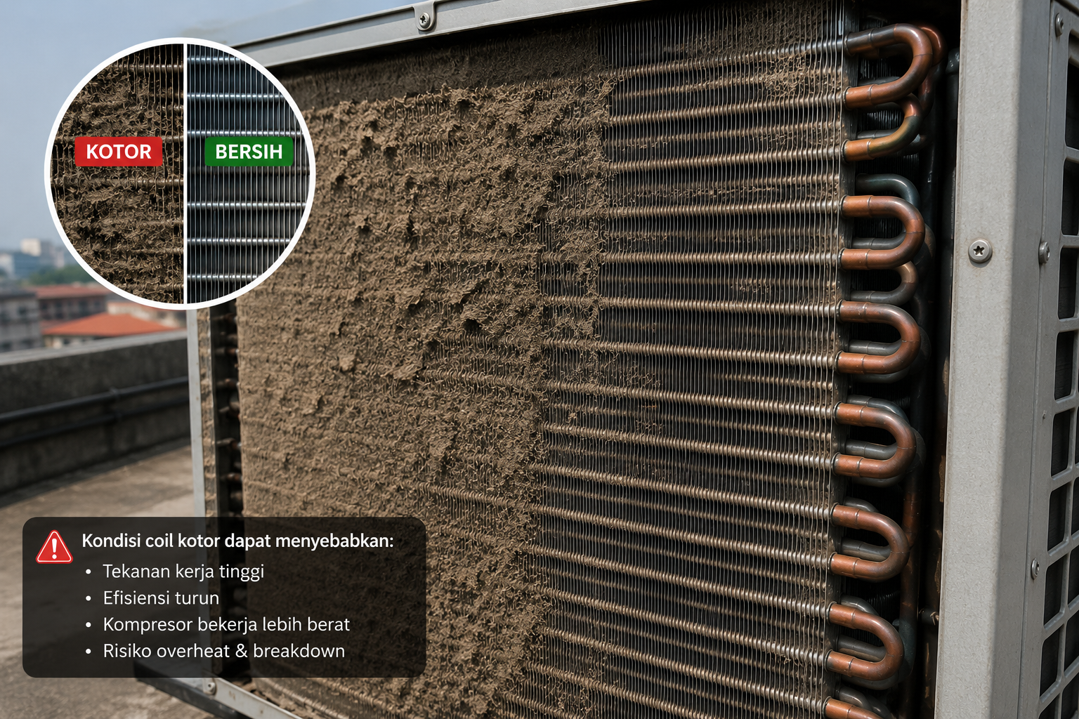 fin condenser kotor menghambat pembuangan panas outdoor unit hvac