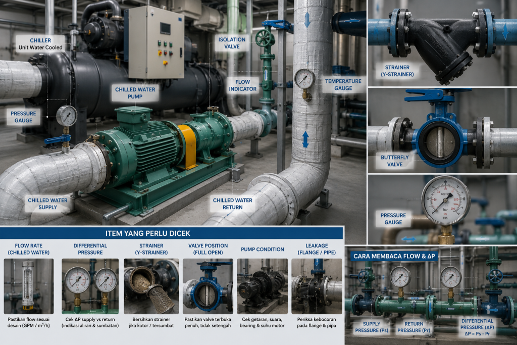 pump strainer valve dan water flow penyebab chiller tidak dingin