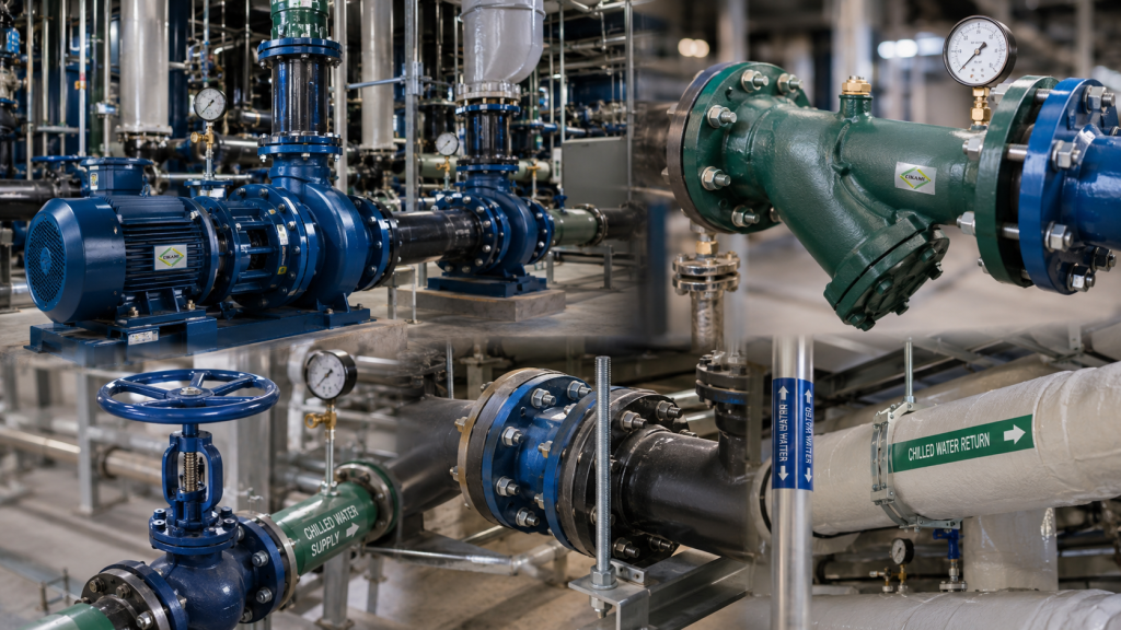pengecekan pump strainer valve dan water flow HVAC gedung