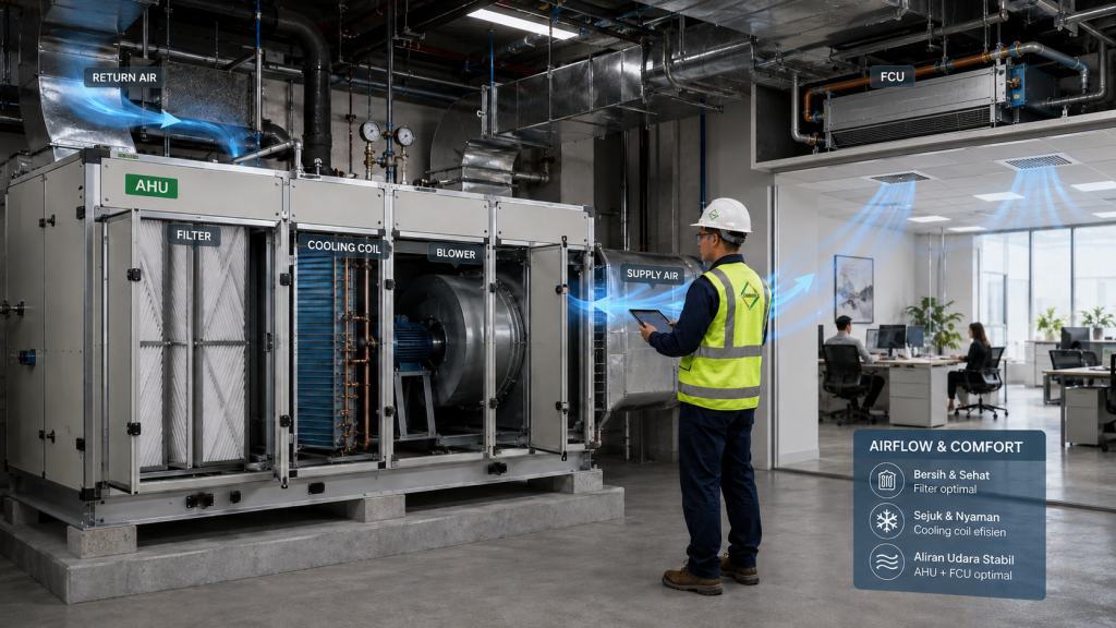AHU FCU filter dan airflow pada AC central gedung