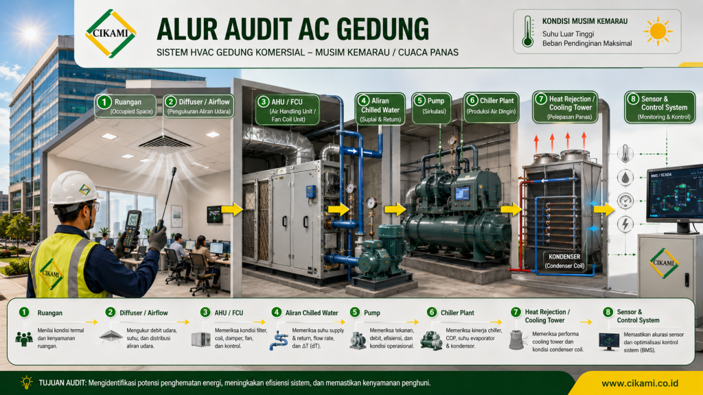 alur audit AC gedung dari ruangan airflow AHU FCU sampai chiller plant
