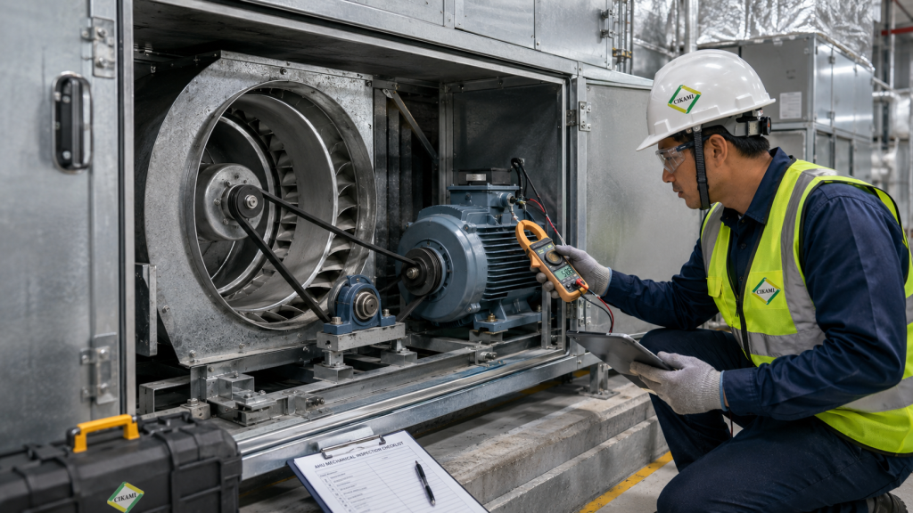 blower motor belt dan bearing AHU untuk maintenance airflow gedung