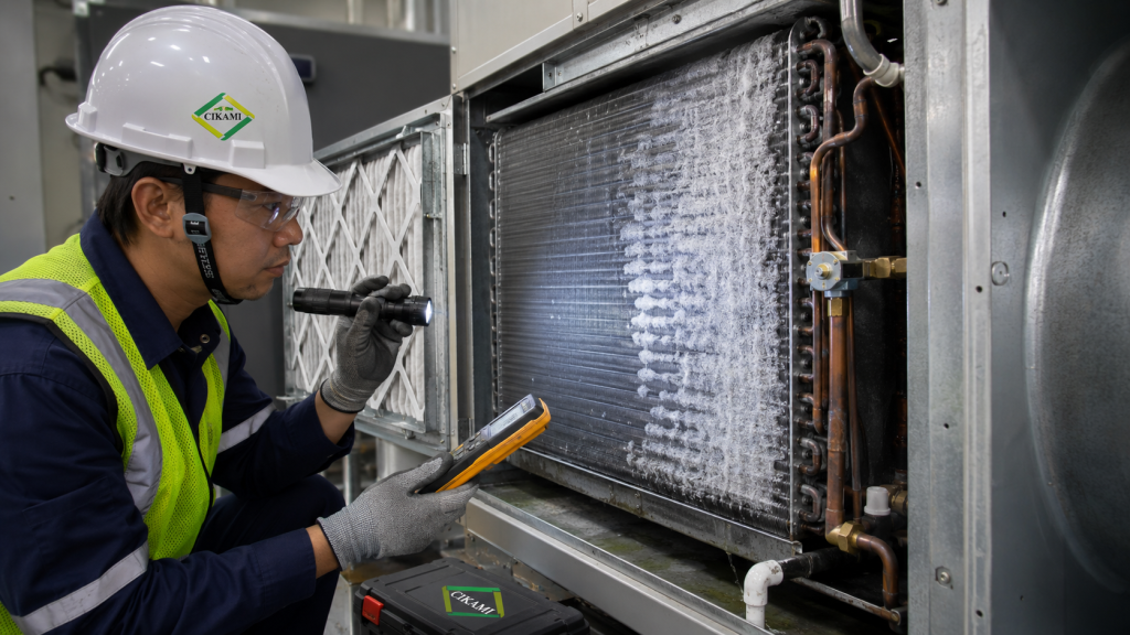 bunga es pada evaporator coil AC karena airflow rendah atau refrigerant bermasalah