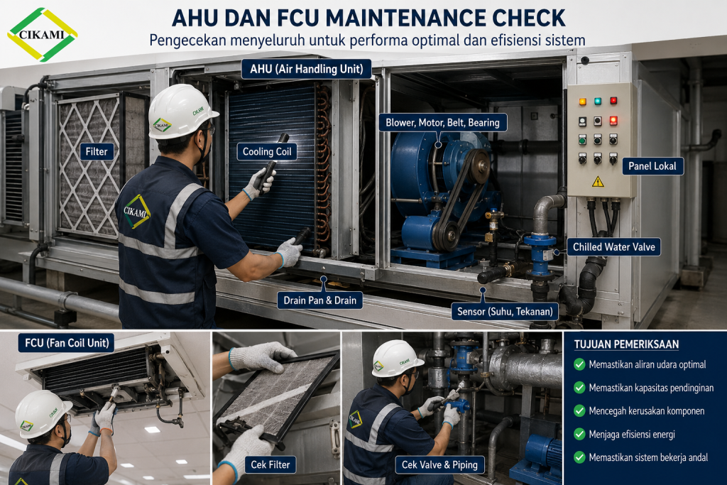 cek AHU FCU filter cooling coil blower drain dan airflow