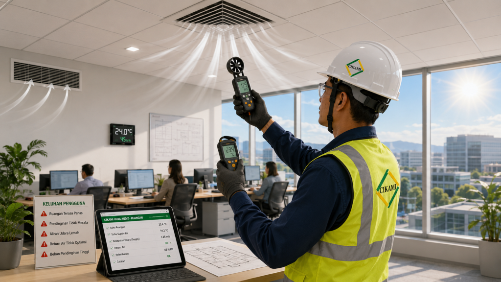 cek airflow diffuser dan suhu ruangan pada audit AC gedung