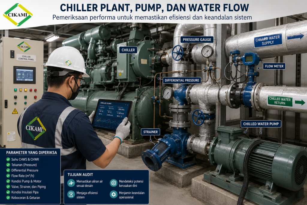 cek chiller plant chilled water flow pump valve dan pressure gauge
