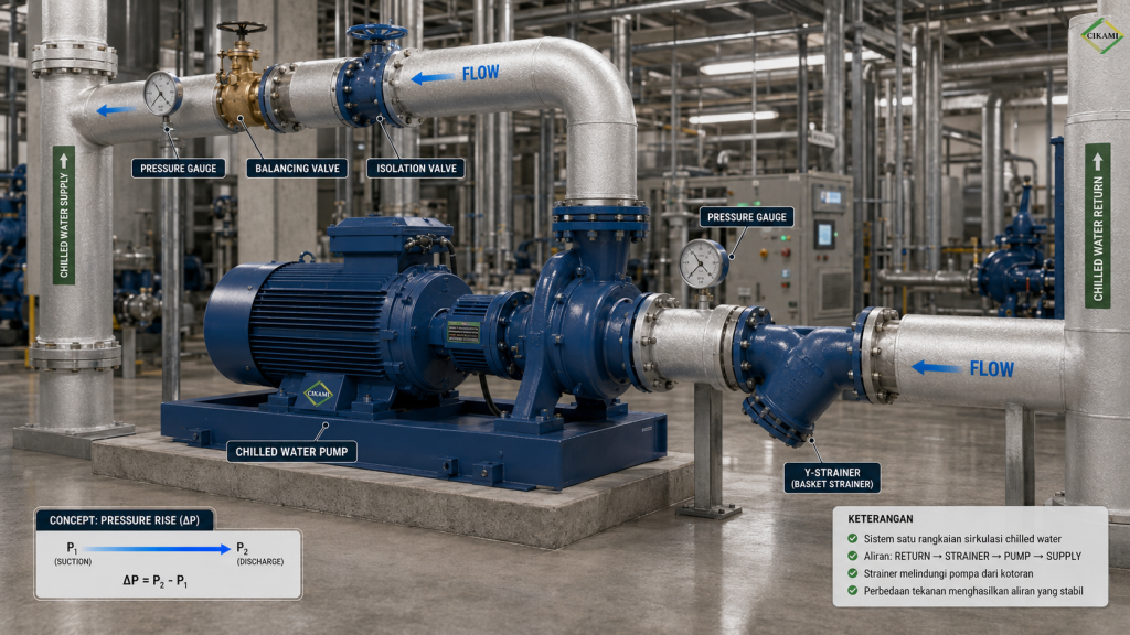 chilled water pump valve strainer dan piping pada sistem chiller