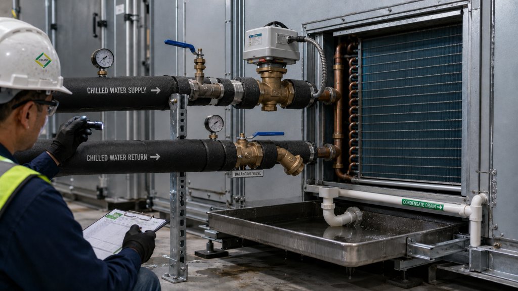 chilled water valve piping dan drain pada ruang AHU gedung