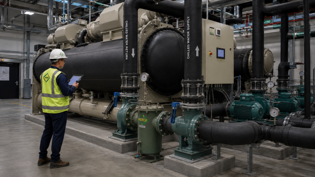 chiller plant pump dan chilled water flow pada AC central gedung