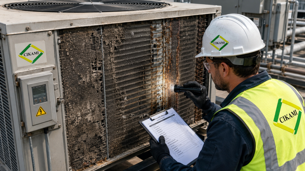 condenser coil kotor korosi dan fin rusak pada kondensor HVAC