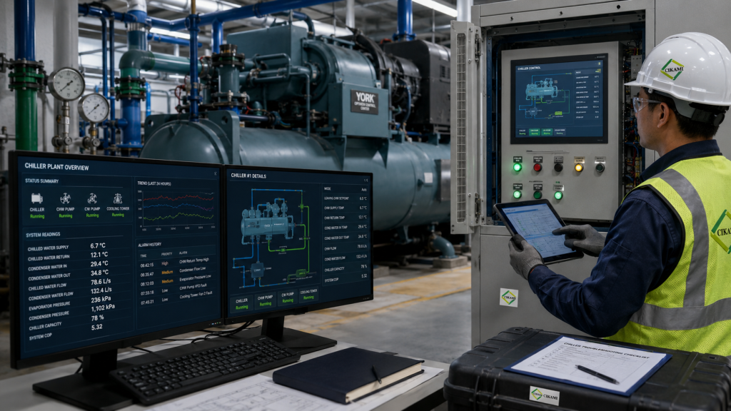 control panel BAS BMS dan data operasional sistem chiller