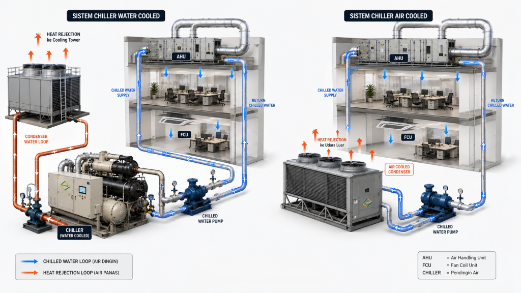 diagram proses kerja chiller chilled water AHU cooling tower dan heat rejection