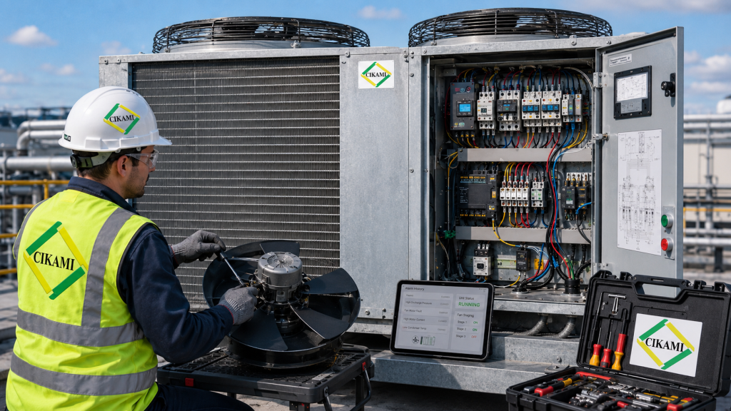 fan condenser motor dan panel control pada kondensor HVAC