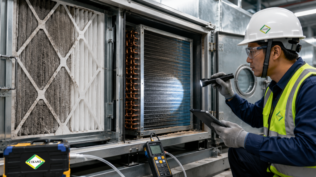 filter AHU dan cooling coil kotor penyebab airflow turun