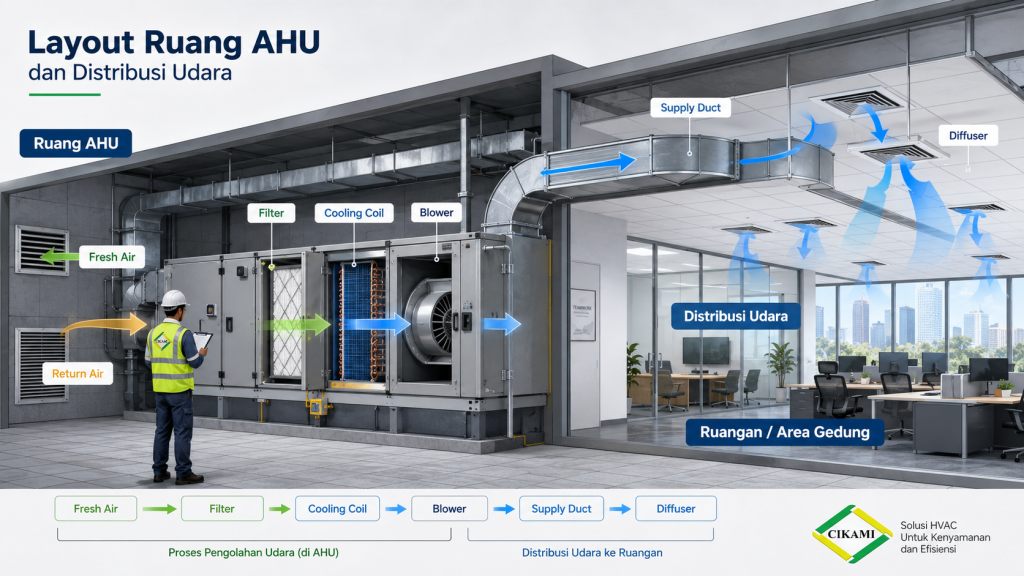 layout ruang AHU dengan filter cooling coil blower ducting dan airflow
