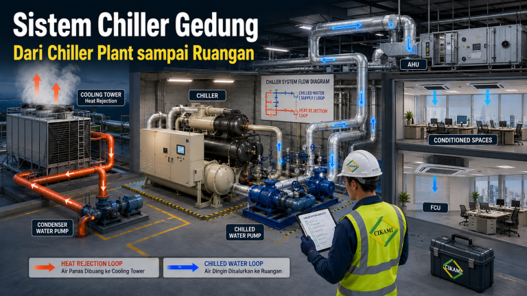 proses kerja chiller dengan chilled water pump AHU condenser water dan cooling tower