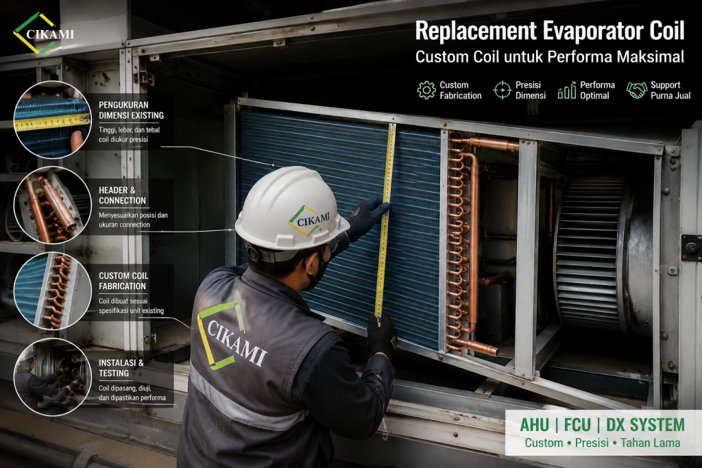 replacement evaporator coil custom untuk AHU FCU dan DX system