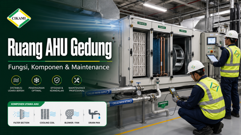 ruang AHU gedung dengan filter cooling coil blower dan maintenance HVAC