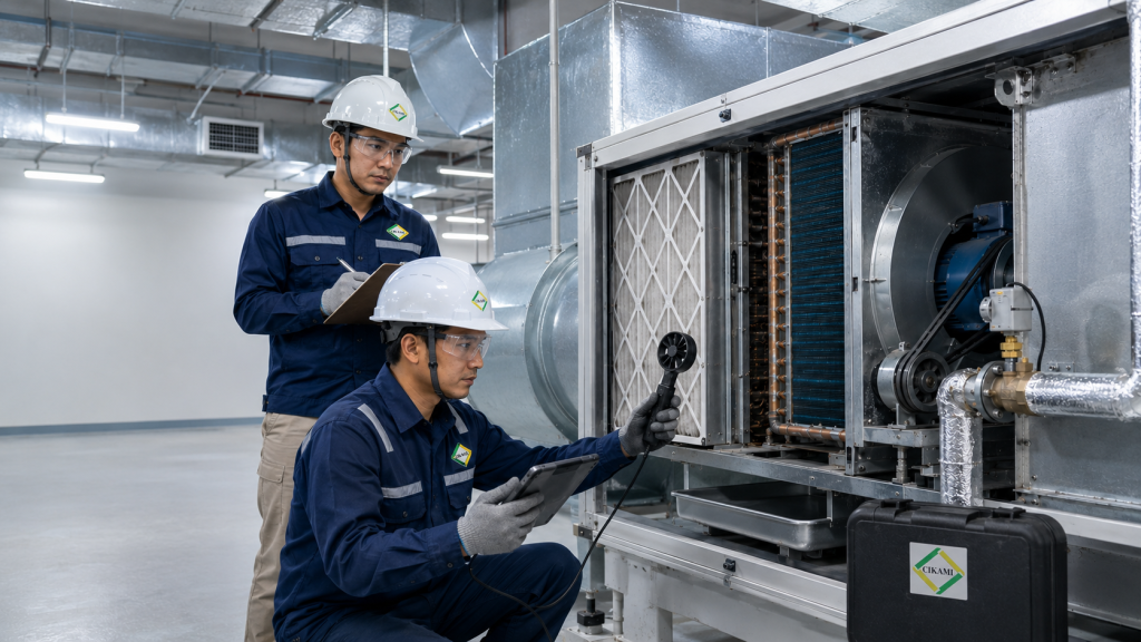 cek AHU FCU blower filter cooling coil sebagai sumber airflow gedung
