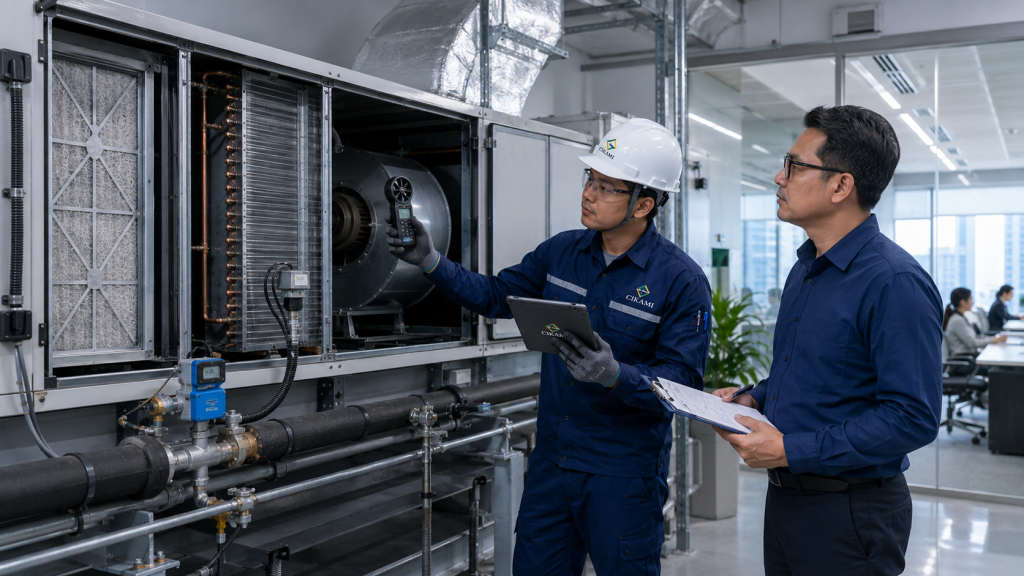 cek AHU FCU airflow dan beban ruangan saat chiller sering alarm