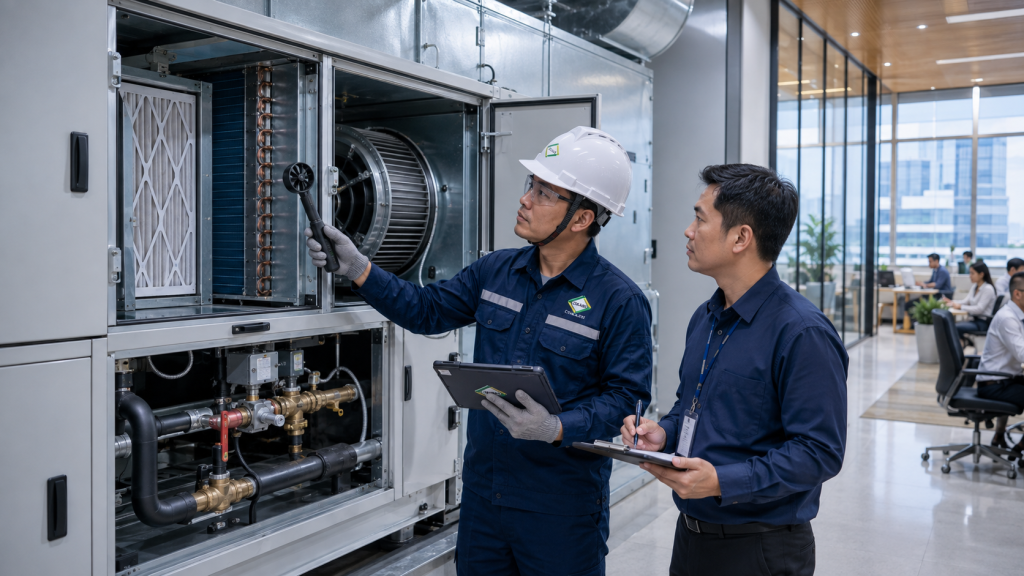 cek AHU FCU airflow dan beban ruangan saat chiller boros