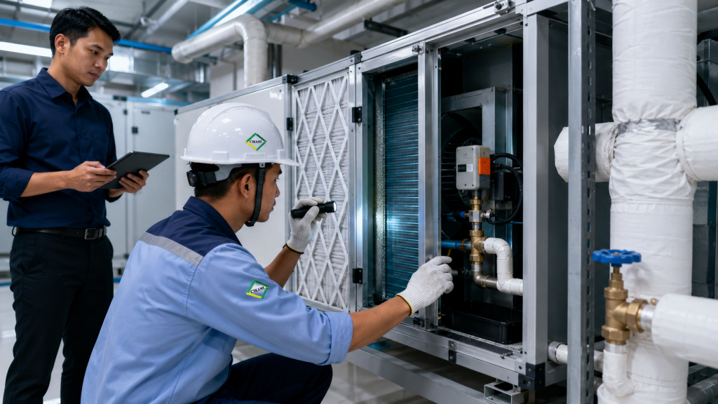 cek AHU FCU filter cooling coil blower dan chilled water flow