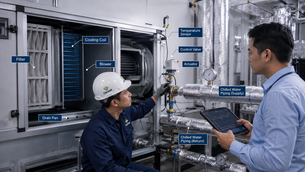 cek AHU FCU dan chilled water flow saat balancing HVAC gedung