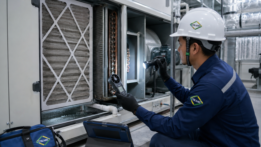 cek airflow filter dan drain pada maintenance AC gedung
