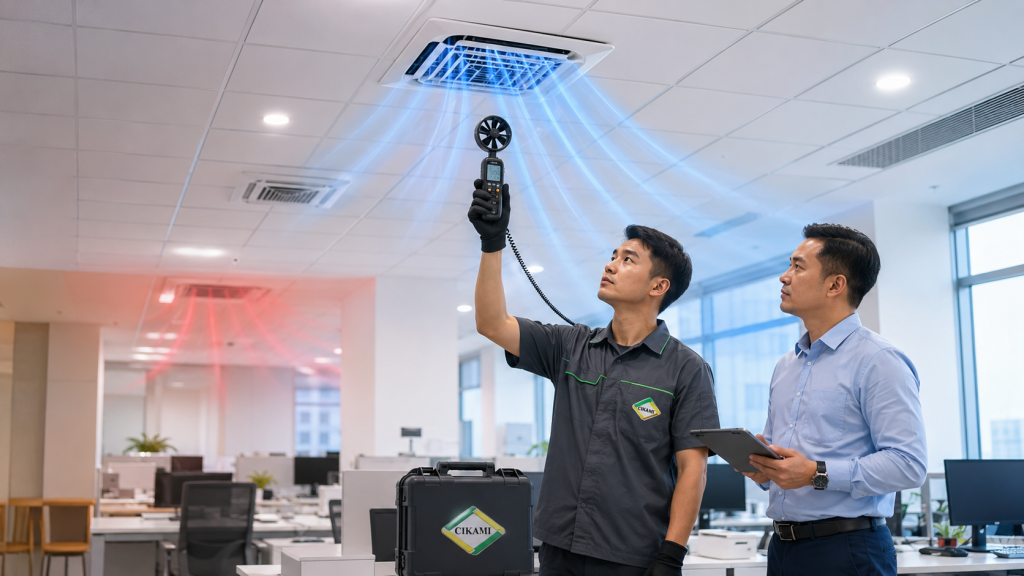 cek airflow diffuser untuk balancing HVAC gedung saat ruangan tetap panas