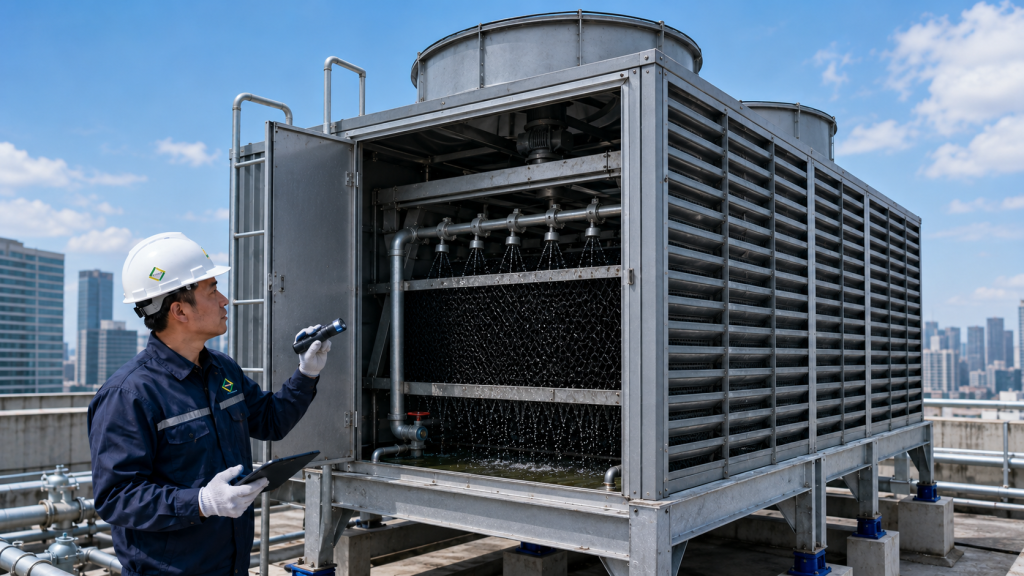 cek cooling tower water cooled chiller saat chiller plant bekerja berat