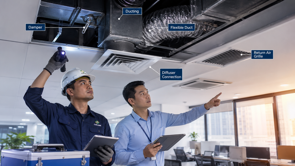 cek damper ducting dan return air untuk balancing HVAC gedung