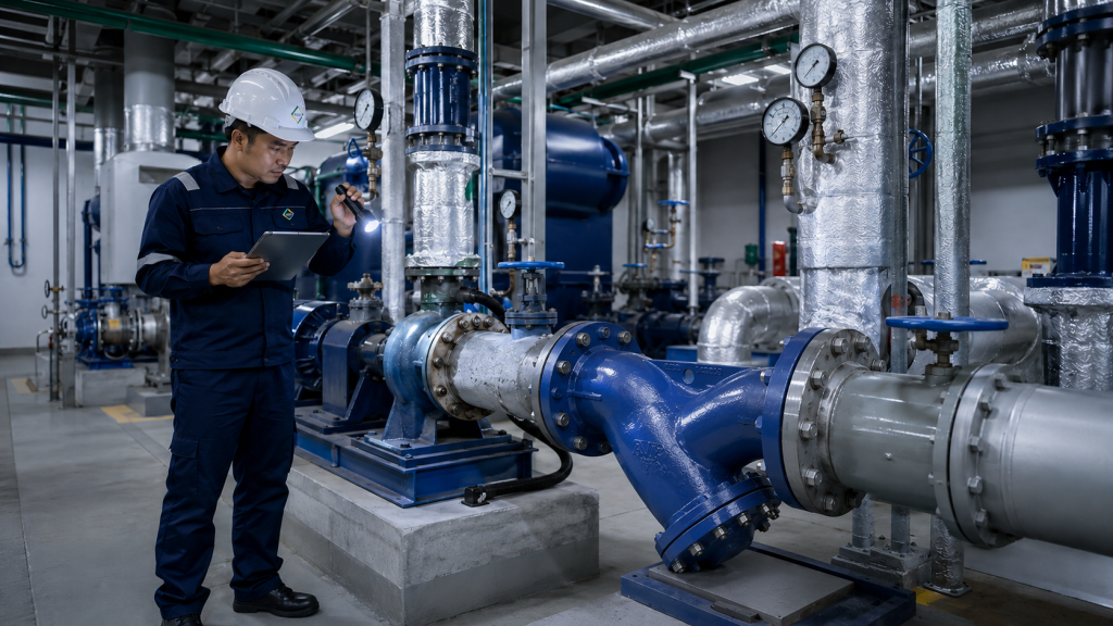 cek pump valve strainer dan pressure gauge pada chiller plant