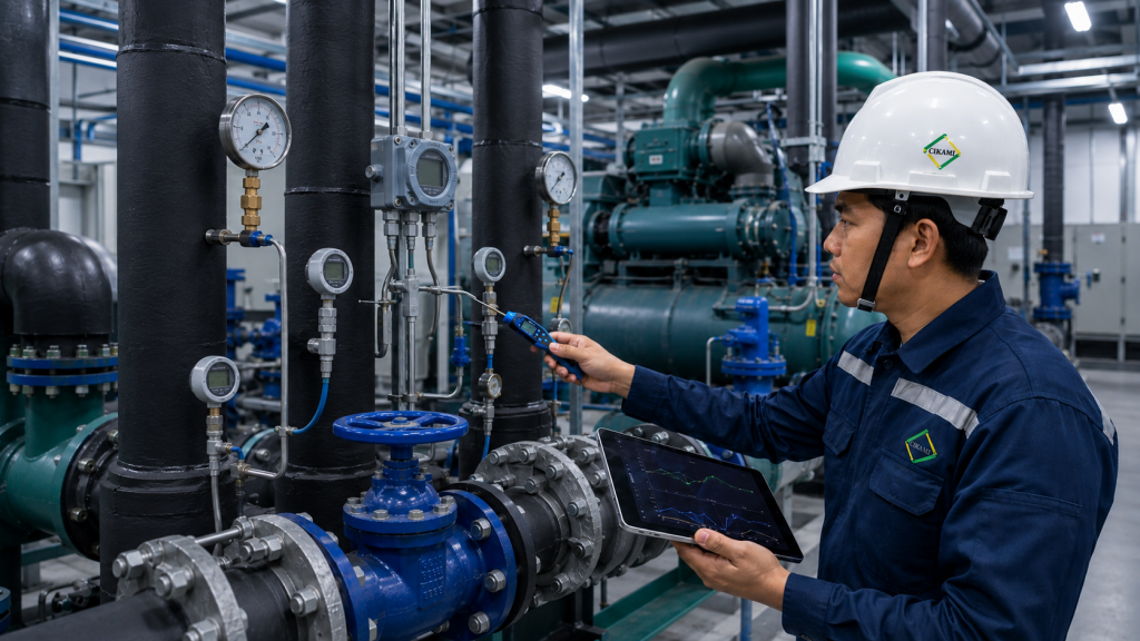 cek temperature pressure dan differential pressure pada chiller plant