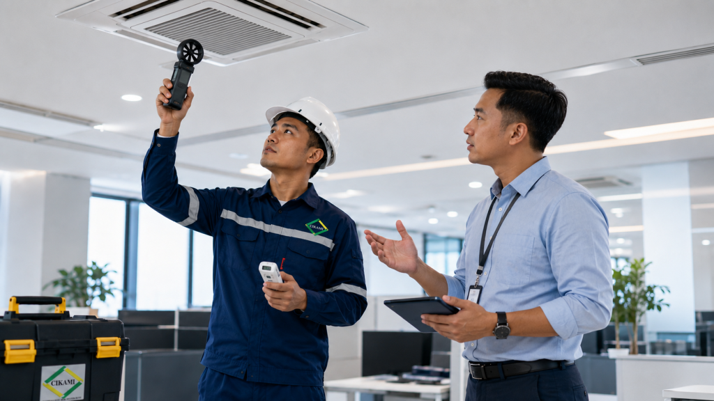 checklist mingguan maintenance AC gedung untuk cek airflow suhu ruangan filter drain dan alarm