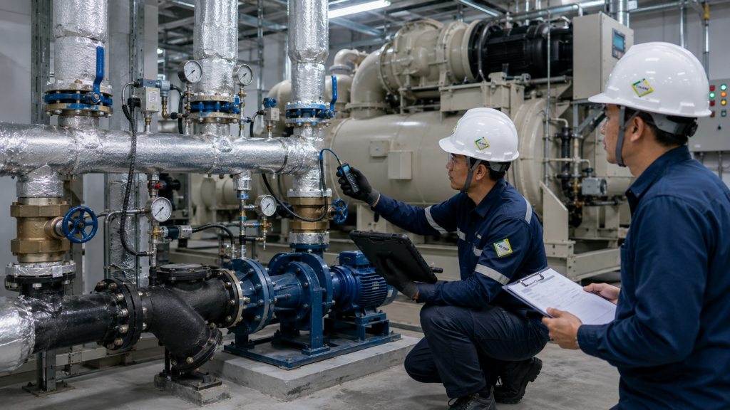 cek chilled water flow chiller plant pump valve strainer saat keluhan AC gedung