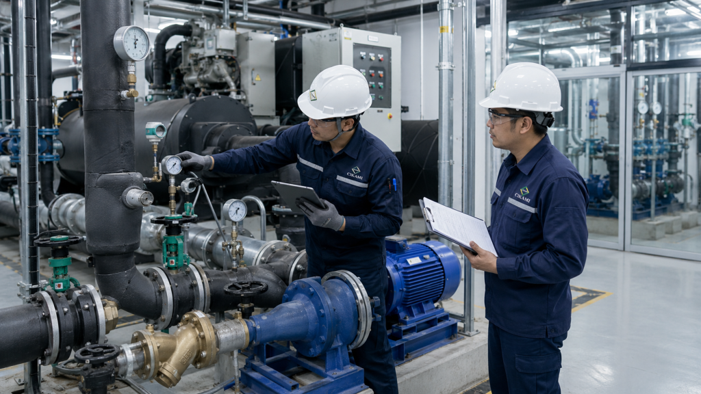 cek chilled water flow pump valve strainer pada chiller sering alarm