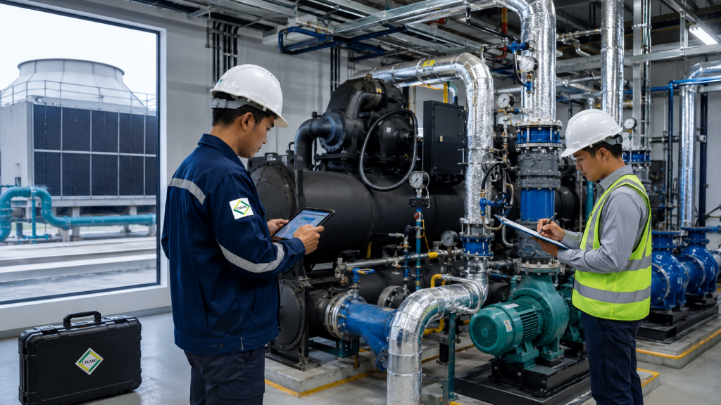 chiller plant cooling tower pump dan water flow bekerja berat pada AC gedung