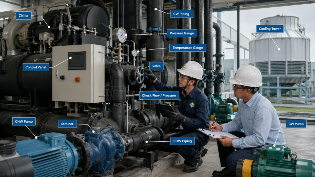 chiller plant cooling tower dan water flow dalam preventive maintenance HVAC