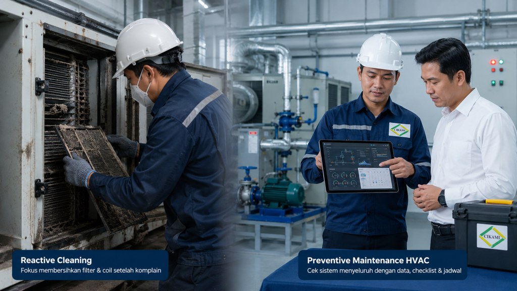 cleaning reaktif dibanding preventive maintenance HVAC gedung terjadwal