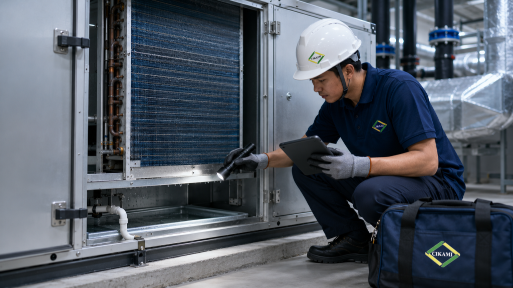 cek cooling coil drain pan dan drain line pada AHU dan FCU